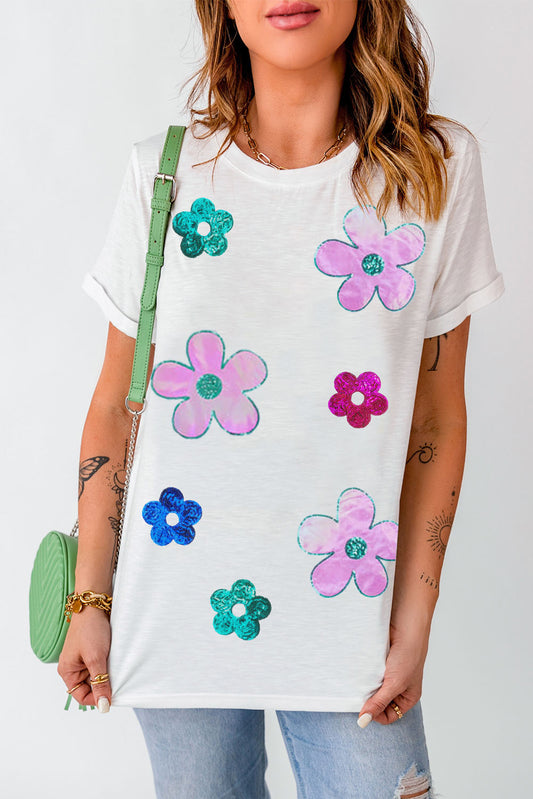 White Sequined Flower Pattern Round Neck T Shirt