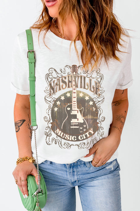 White Vintage Music City Guitar Print Crew Neck T Shirt