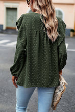 Blackish Green Lace Eyelet Ruffle Shoulder Long Sleeve Blouse