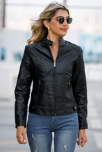 Black Leatherette Button Tab Stand Neck Zip Motor Jacket