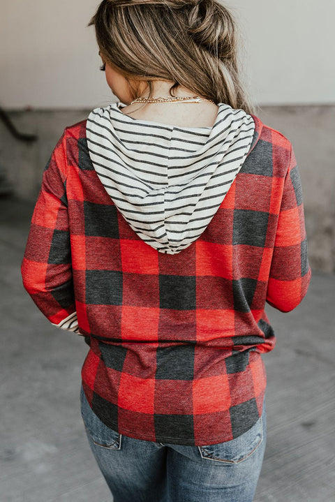 Christmas Plaid Striped Patchwork Drawstring Hoodie