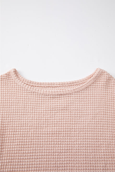 Light Pink Waffle Knit Drop Shoulder Long Sleeve Top