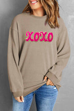 Khaki xoxo Chenille Glitter Patched Corded Crew Neck Sweatshirt