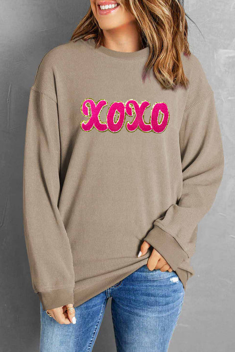 Khaki xoxo Chenille Glitter Patched Corded Crew Neck Sweatshirt