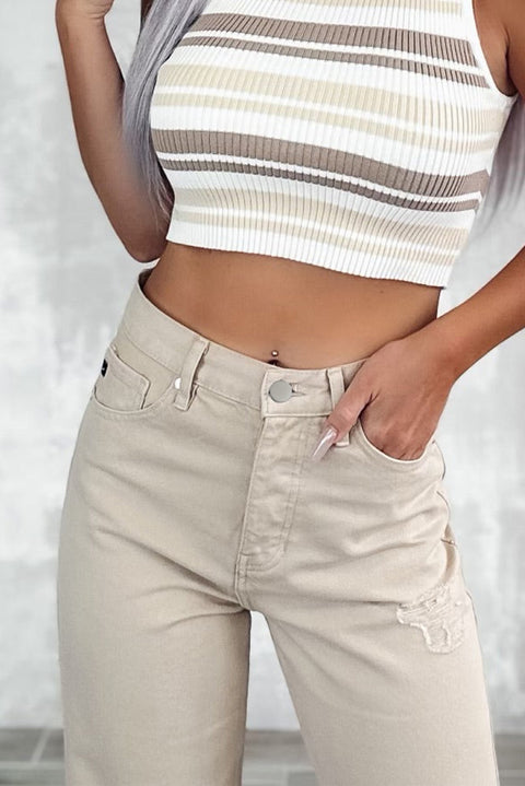 Khaki High Waist Ripped Wide-Leg Jeans