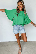 Green Frilly Round Neck Wide Half Sleeve Blouse