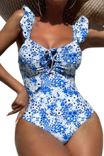 Blue Floral Ruffled Strap Lace-up Hollow Out One Piece Swimsuit