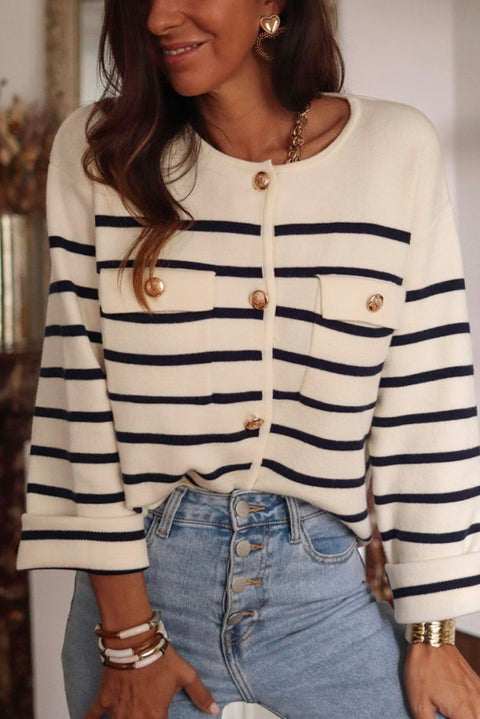 Black Stripe Flap Pocket Buttoned Cardigan Sweater