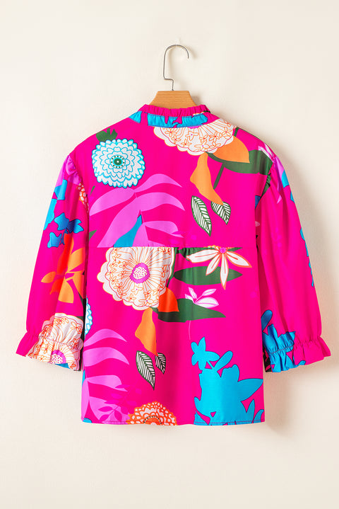 Rose Blooming Flower Print Ruffled Puff Sleeve Blouse