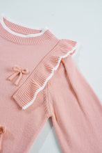 Light Pink Ruffled Bowknot Ribbed Trim Long Sleeve Sweater