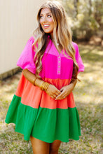 Multicolor Color Block Tiered Puff Sleeve Dress