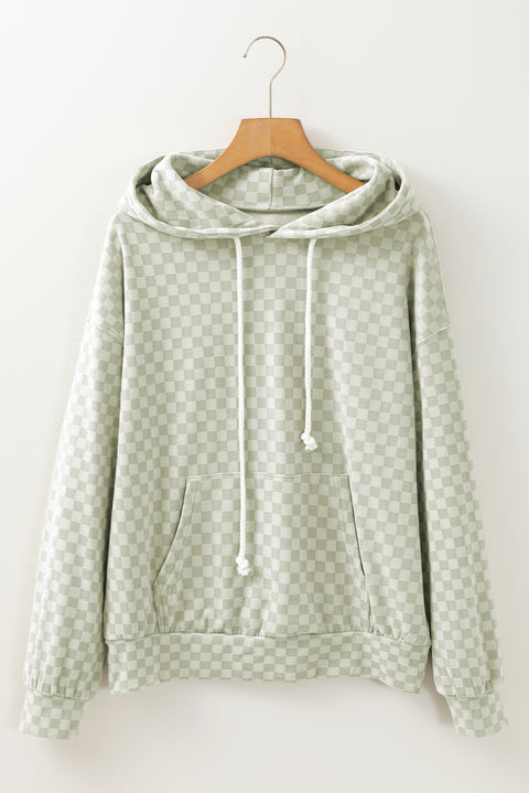 Green Checkered Print Kangaroo Pocket Drawstring Hoodie