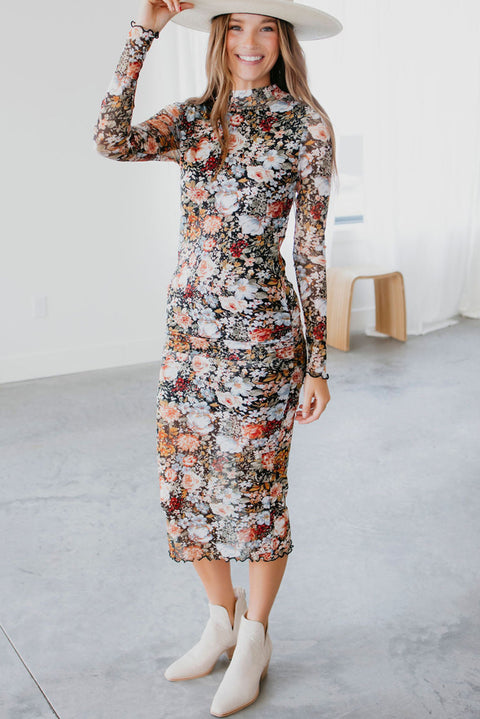 Brown Floral Allover Print Mock Neck Bodycon Long Sleeve Midi Dress