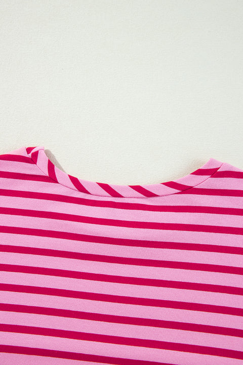 Sachet Pink Striped Print Crew Neck Drop Shoulder Sweatshirt