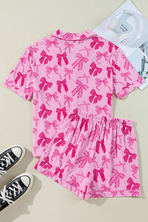 Pink Bow Print Half Sleeve Shirt and Shorts Pajamas Set