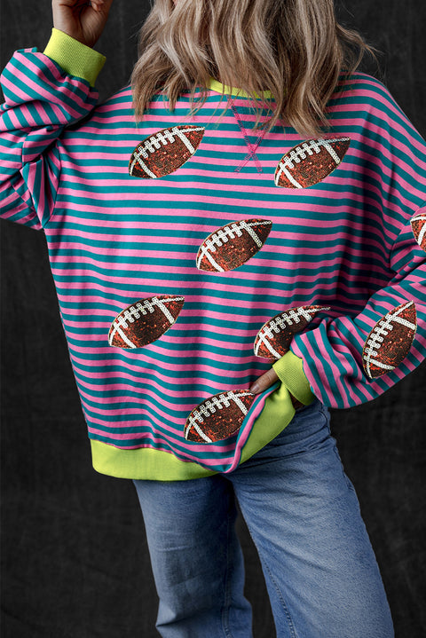 Green Stripe Sequin Rugby Football Graphic Colorblock Edge Game Day Sweatshirt