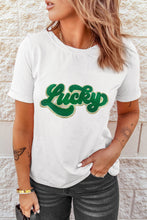 White St. Patrick Lucky Chenille Glitter Patched Graphic T Shirt