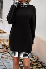 Black Striped Trim Mock Neck Dropped Long Sleeve Sweater Mini Dress