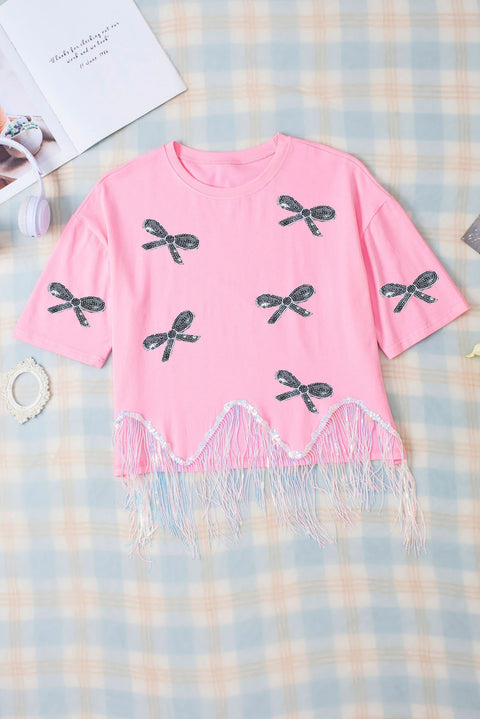 Pink Sequined Bow Knot Fringed Round Neck T Shirt