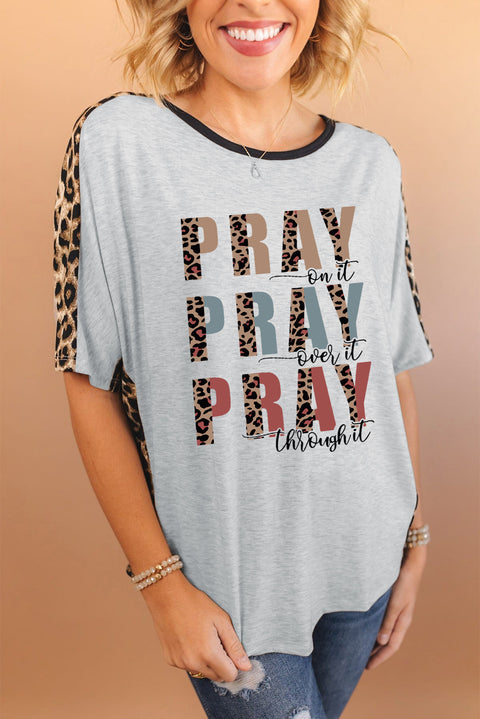 Gray PRAY Slogan Contrast Leopard Dolman Loose T Shirt