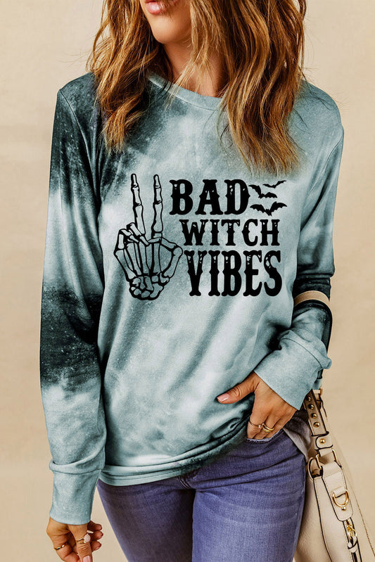 Top gris de manga larga con estampado Tie Dye BAD WITCH VIBES 