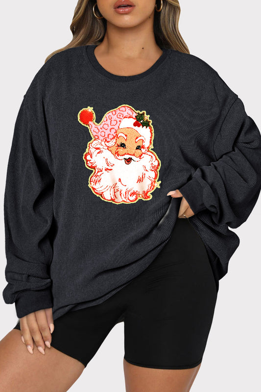 Black Plus Size Santa Claus Patched Textured Sweatshirt