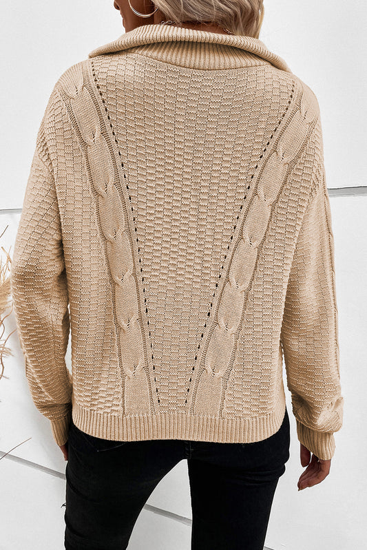 Apricot Zipped Stand Collar Cable Knit Sweater