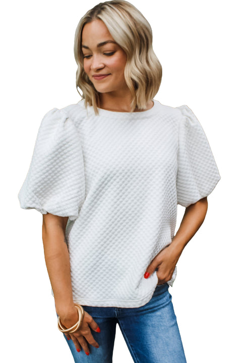 White Solid Textured O Neck Puff Sleeve Blouse