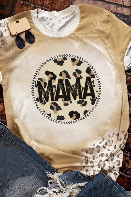 Khaki MAMA Leopard Bleached Print Crew Neck T Shirt