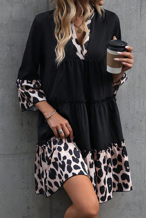 Black Leopard Trim V Neck Ruffled Sleeve Flared Dress