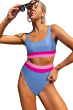 Light Blue Colorblock High Waisted Bikini Swimsuit