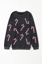 Black Xmas Candy Cane Shining Graphic Corded Sweatshirt