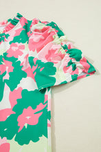 Green Abstract Print Frilly Neck Ruched Short Sleeve Blouse