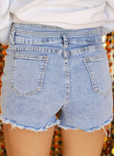 Beau Blue Rhinestone Light Wash Raw Hem High Waist Denim Shorts