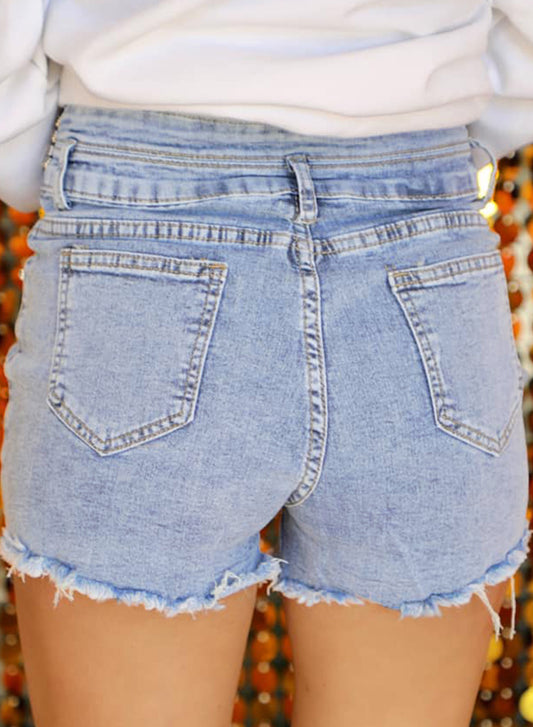 Beau Blue Rhinestone Light Wash Raw Hem High Waist Denim Shorts