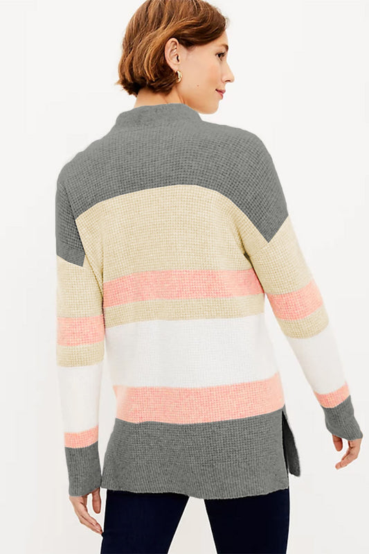 Multicolor Color Block Striped Pocketed Open Cardigan