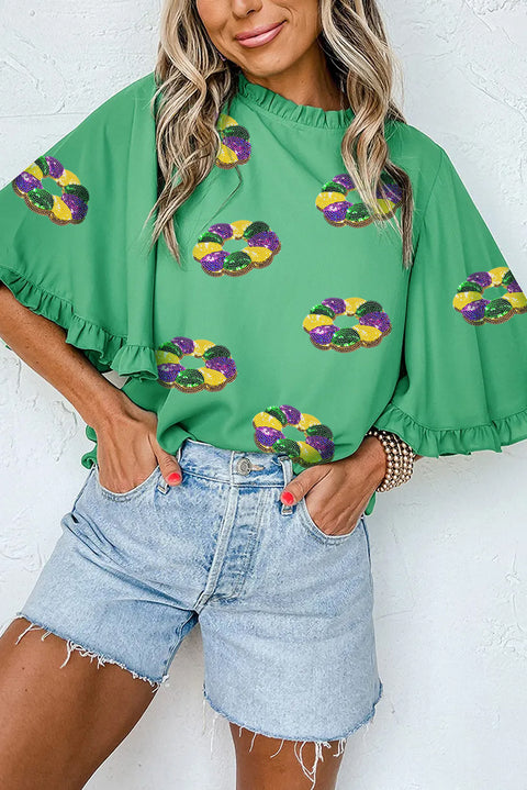 Green Sequin Doughnut Graphic Ruffled Trim Bell Sleeve Mardi Gras Blouse