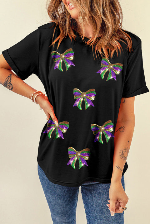 Black Sequin Mardi Gras Bow Graphic Crewneck Tee