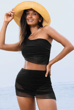 Black Pleated Mesh One Shoulder Bikini Top and Skirts Set