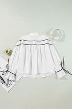 White Black Pipping Ribbon Bowtie Collared Ruffled Puff Sleeve Shirt