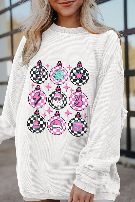 White Christmas Pattern Checkered Print Ribbed Pullover Sweatshirt