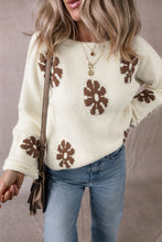 White Colorblock Floral Pattern Round Neck Sweater