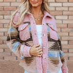 Pink Western Aztec Print Sherpa Splicing Buttoned Flap Pocket Coat