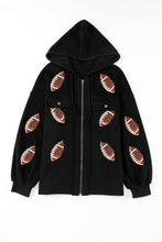 Black Sequined Rugby Pattern Pocketed Zipper Hooded Jacket