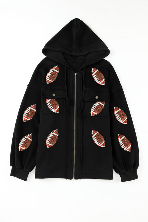 Black Sequined Rugby Pattern Pocketed Zipper Hooded Jacket