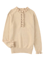 Beige Frill Trim Buttoned Knit Pullover Sweater