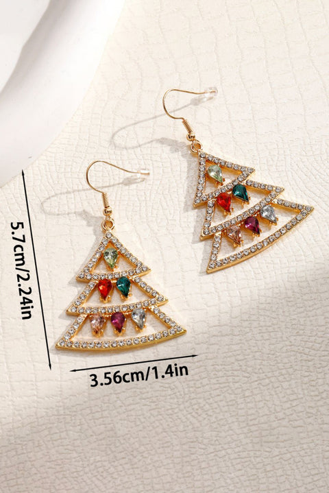 Gold Gem Decor Rhinestone Christmas Tree Holiday Hook Earrings