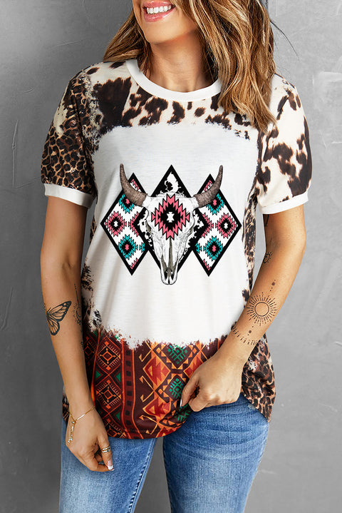 Dark Brown Western Aztec Steer Head Bleached Round Neck T Shirt