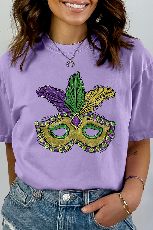 Wisteria Mardi Gras Mask Graphic Crew Neck Festival T Shirt