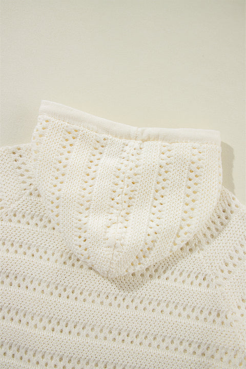 White Pointelle Knit Raglan Sleeve Hooded Sweater